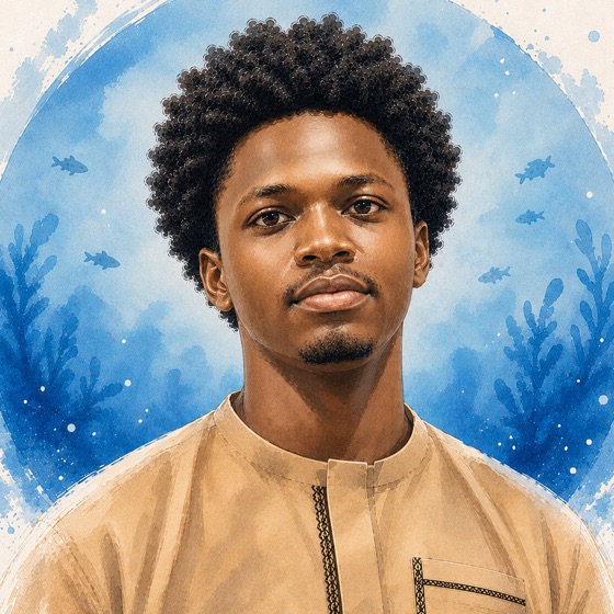 Illustrated portrait of Abdulmumin Alhassan, underwater